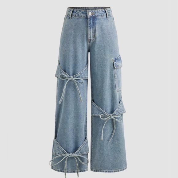 Cider Denim - Cider Jeans Womens XS Wide Leg Mid Rise Bowknot Tie Cargo Jean Light Wash Blue